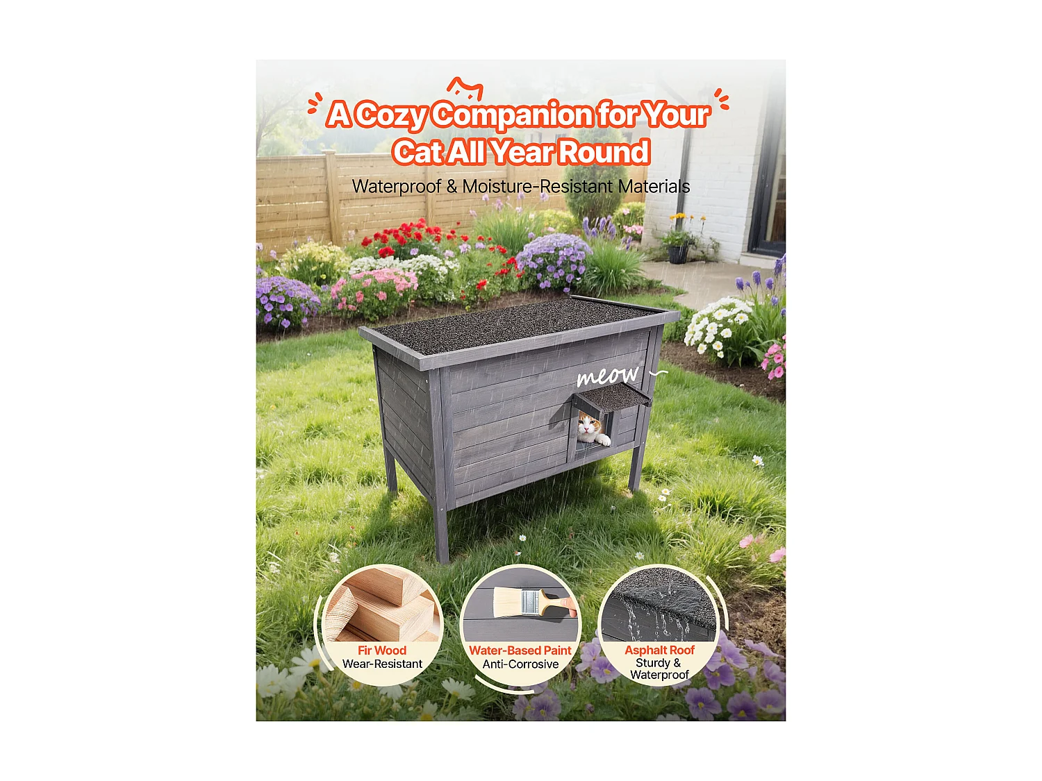 Maison Chat Surélevée Chauffante SucceBuy, 87x53,5x69 cm, Niche Chat Extérieur avec Coussin Chauffant, Abri en Bois avec Porte à Rabat, Toit en Asphalte
