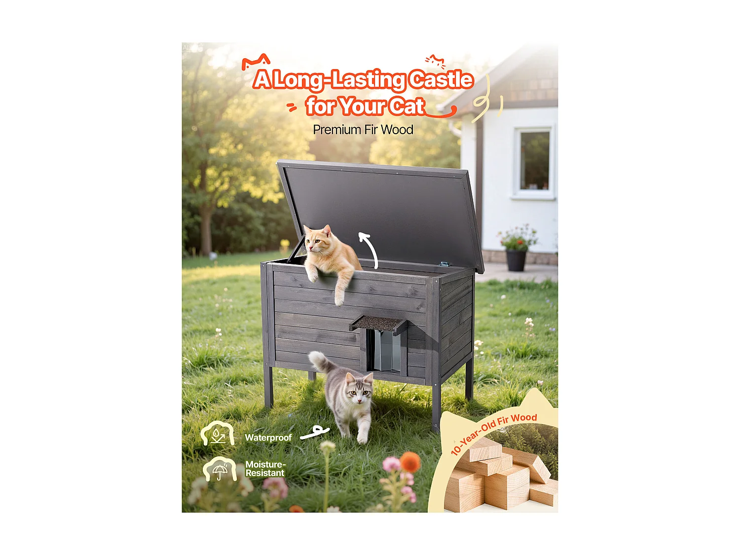 Maison Chat Surélevée Chauffante SucceBuy, 87x53,5x69 cm, Niche Chat Extérieur avec Coussin Chauffant, Abri en Bois avec Porte à Rabat, Toit en Asphalte