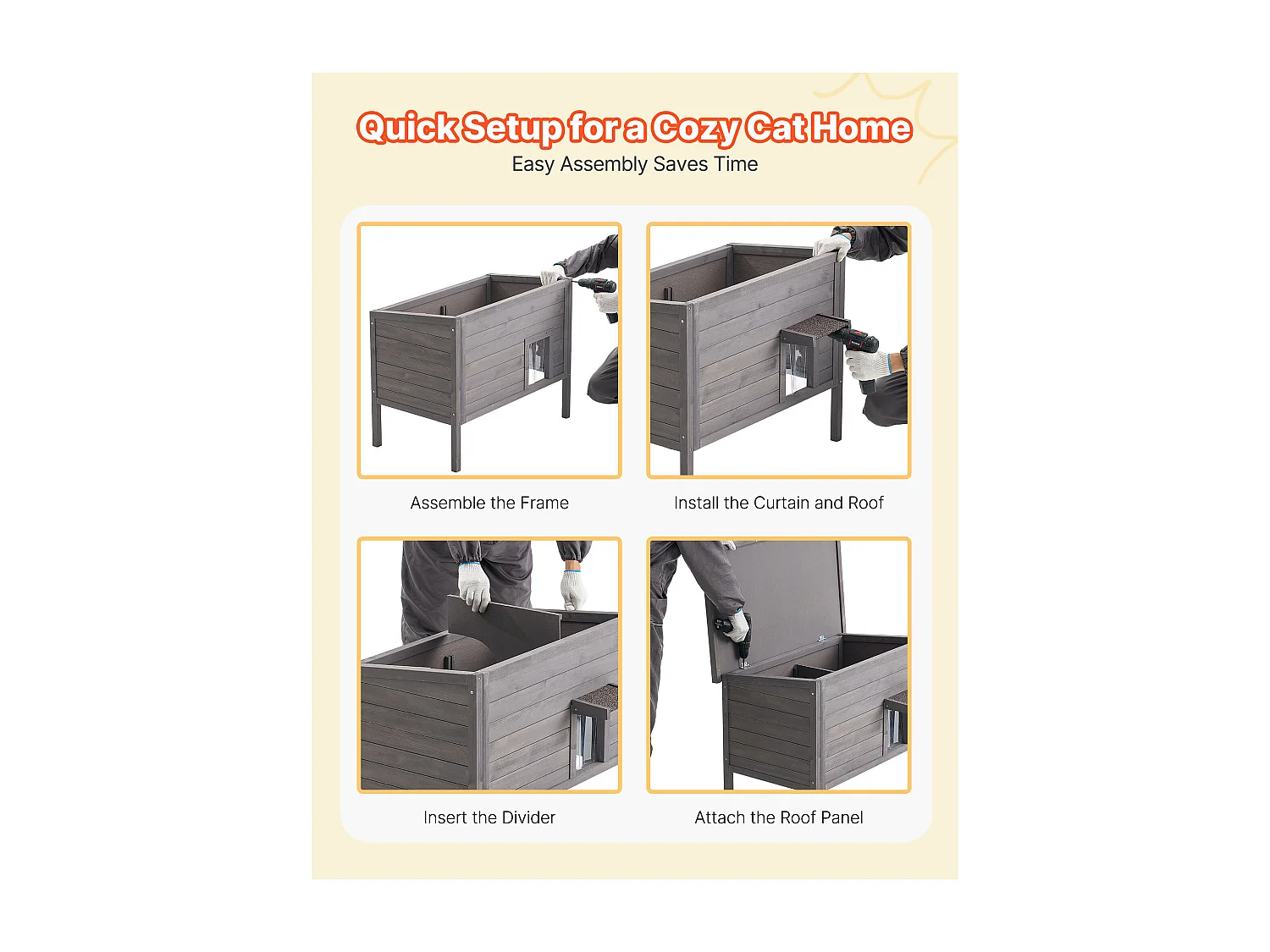 Maison Chat Surélevée Chauffante SucceBuy, 87x53,5x69 cm, Niche Chat Extérieur avec Coussin Chauffant, Abri en Bois avec Porte à Rabat, Toit en Asphalte