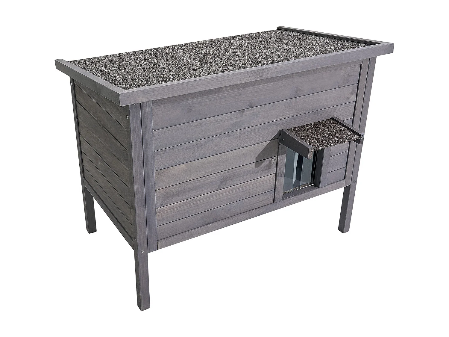 Maison Chat Surélevée Chauffante SucceBuy, 87x53,5x69 cm, Niche Chat Extérieur avec Coussin Chauffant, Abri en Bois avec Porte à Rabat, Toit en Asphalte
