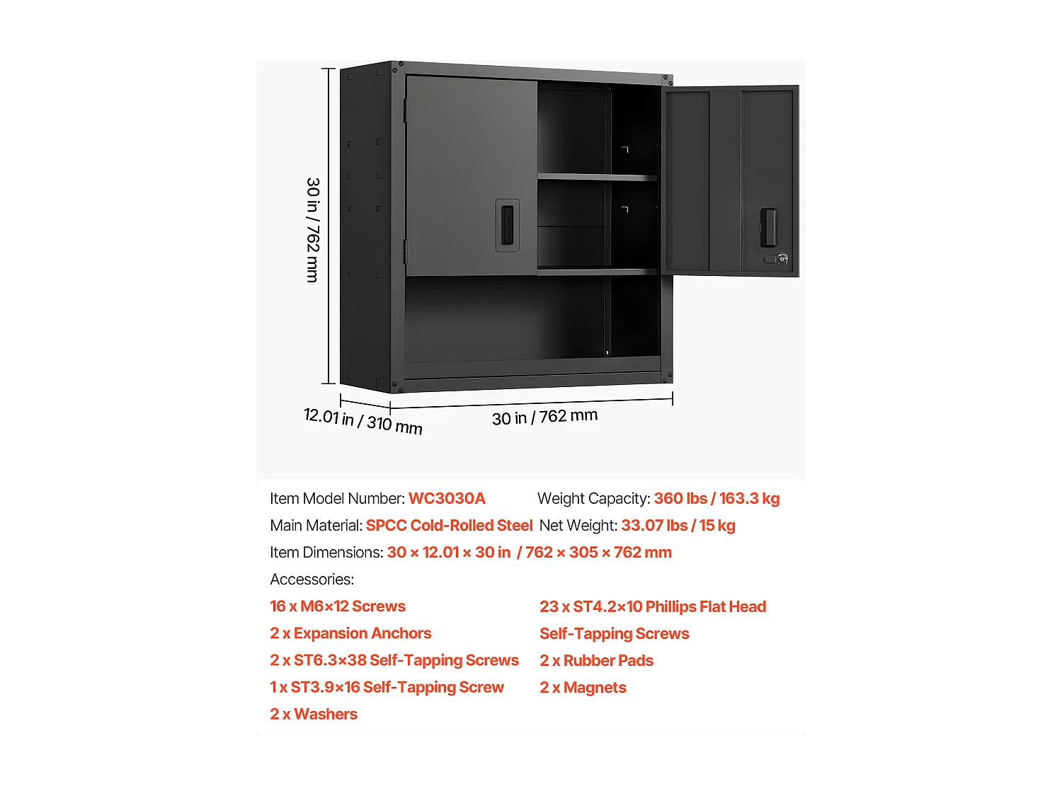 Wandschrank Werkstatt SucceBuy, 76,2 x 31 x 76,2 cm, Werkzeugschrank Garage Hängend aus Metall, Wandlagerung, mit Verriegelbarer Tür, Kapazität 163,3 kg