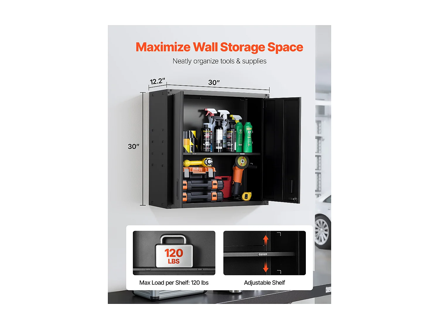 Wandschrank Werkstatt SucceBuy, 76,2 x 31 x 76,2 cm, Werkzeugschrank Garage Hängend aus Metall, Wandlagerung, mit Verriegelbarer Tür, Kapazität 163,3 kg