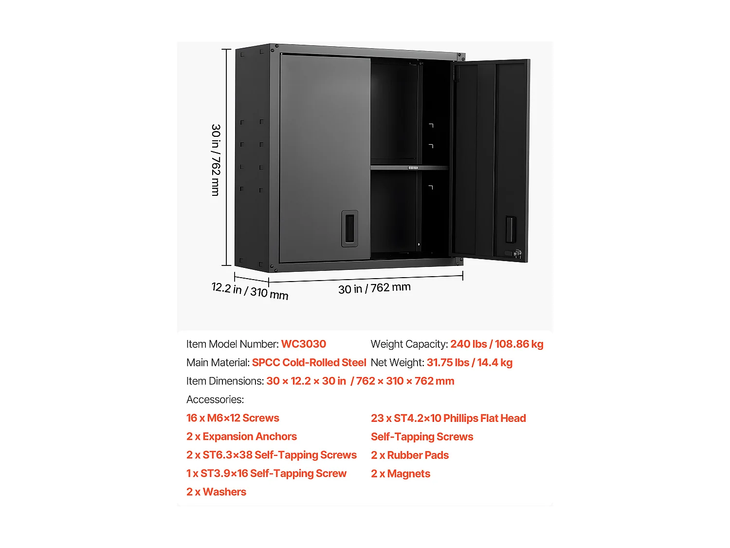 Armoire Murale Atelier SucceBuy, 76,2 x 31 x 76,2 cm, Armoire à Outils Garage Suspendue, Rangement Mural, avec Porte Verrouillable, Capacité 108,86 kg