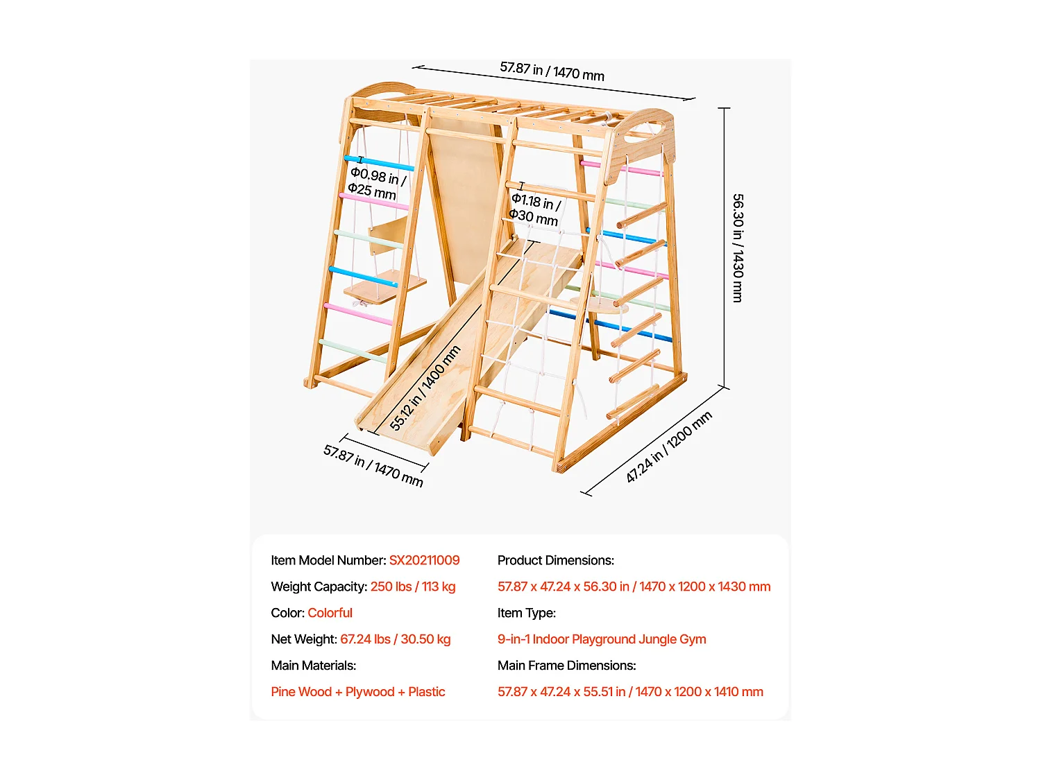 Area Giochi Interna SucceBuy in Legno 9-in-1, con Sbarra per Scimmietta, Altalene, Scivolo, Scala in Legno/Corda, Rete, Sbarra e Pannello per Arrampicata