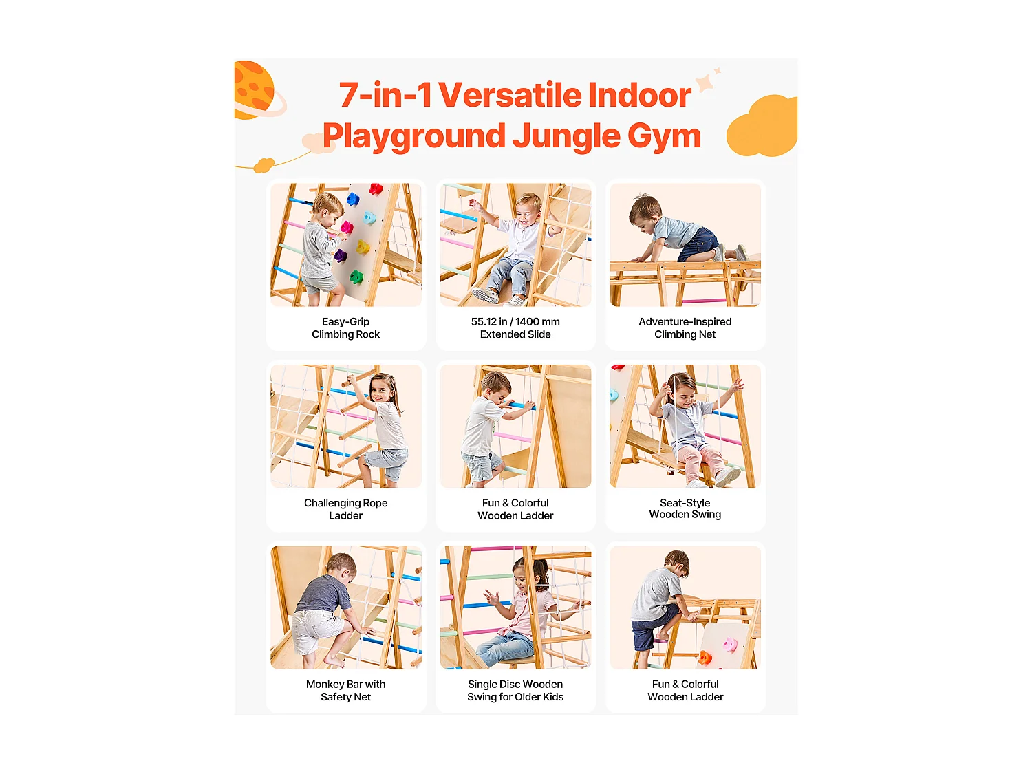 Area Giochi Interna SucceBuy in Legno 9-in-1, con Sbarra per Scimmietta, Altalene, Scivolo, Scala in Legno/Corda, Rete, Sbarra e Pannello per Arrampicata