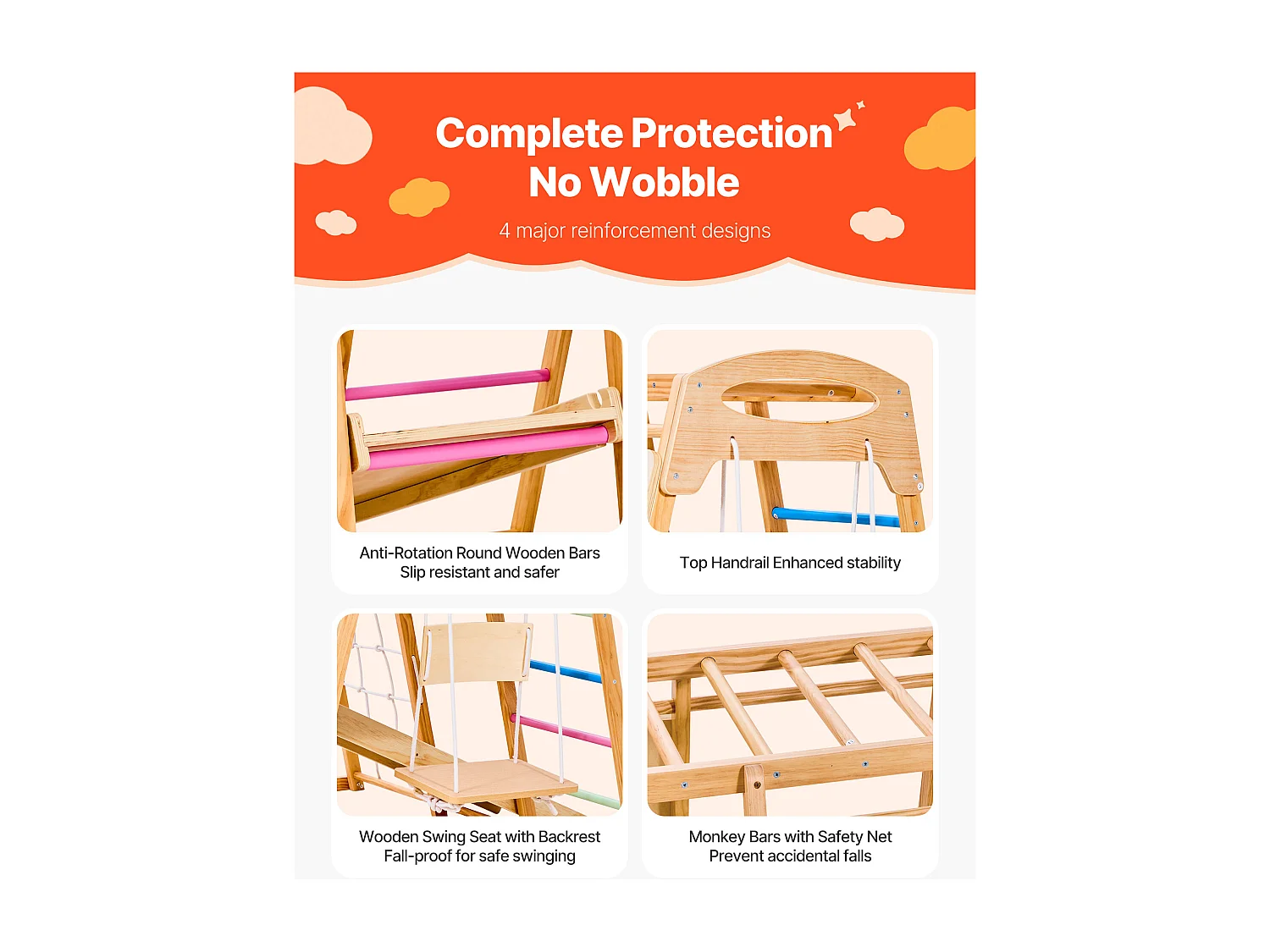 Area Giochi Interna SucceBuy in Legno 9-in-1, con Sbarra per Scimmietta, Altalene, Scivolo, Scala in Legno/Corda, Rete, Sbarra e Pannello per Arrampicata