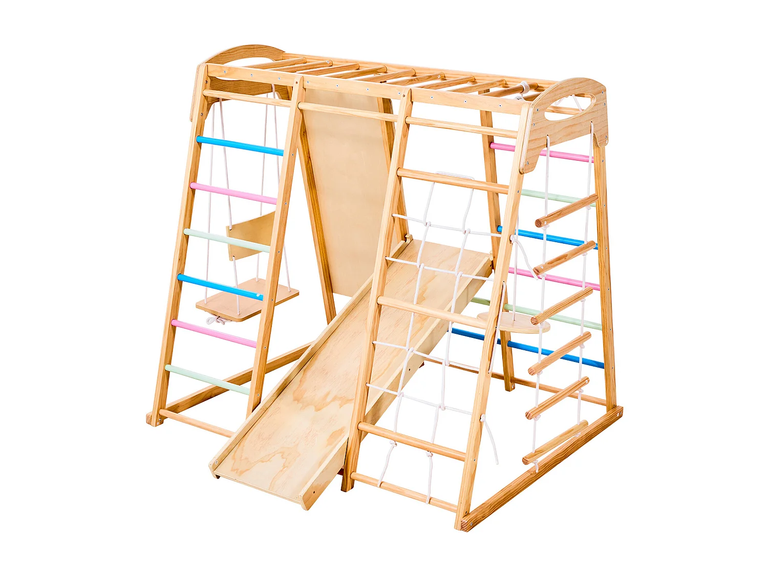 Area Giochi Interna SucceBuy in Legno 9-in-1, con Sbarra per Scimmietta, Altalene, Scivolo, Scala in Legno/Corda, Rete, Sbarra e Pannello per Arrampicata