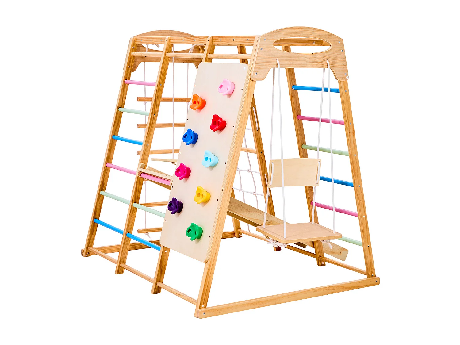 Area Giochi Interna SucceBuy in Legno 9-in-1, con Sbarra per Scimmietta, Altalene, Scivolo, Scala in Legno/Corda, Rete, Sbarra e Pannello per Arrampicata