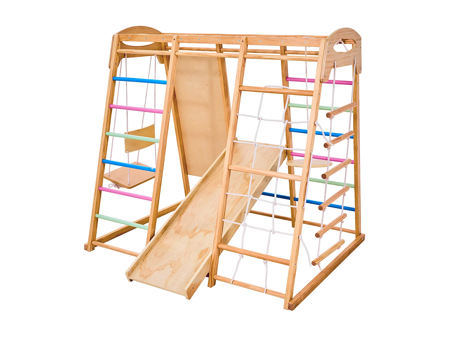 Area Giochi Interna SucceBuy in Legno 9-in-1, con Sbarra per Scimmietta, Altalene, Scivolo, Scala in Legno/Corda, Rete, Sbarra e Pannello per Arrampicata