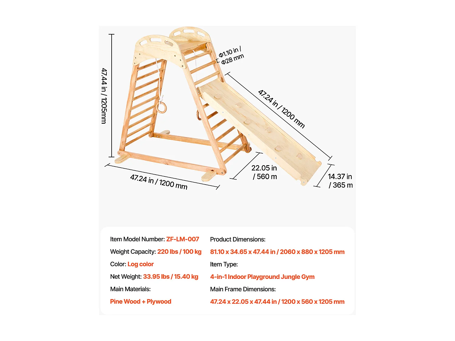 Parque Infantil Interior SucceBuy de Madeira 4-em-1, com Parede de Escalada, Escorregador, Escada de Madeira e Anéis de Ginástica, Estrutura de Brinquedo