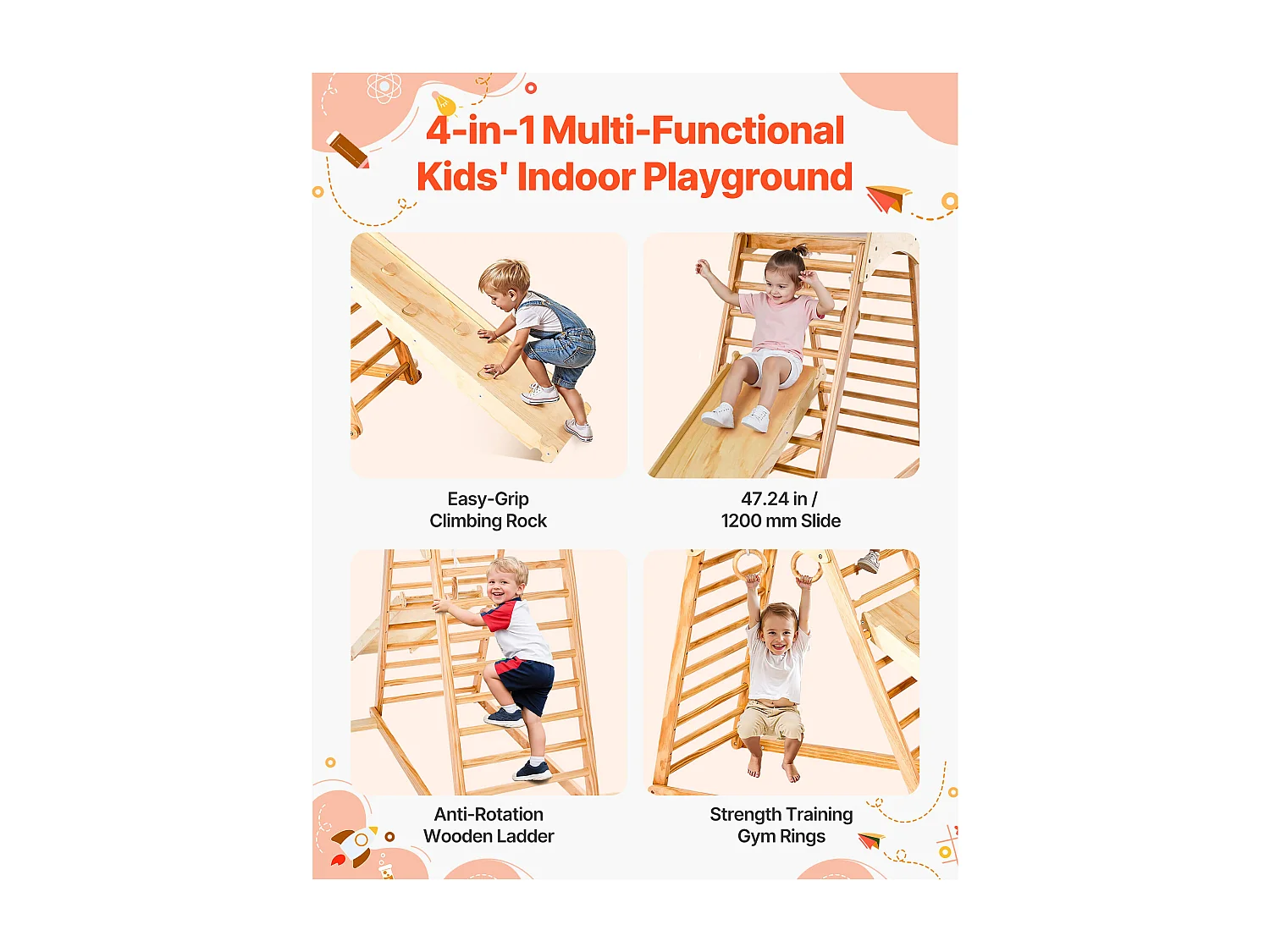 Parque Infantil Interior SucceBuy de Madeira 4-em-1, com Parede de Escalada, Escorregador, Escada de Madeira e Anéis de Ginástica, Estrutura de Brinquedo
