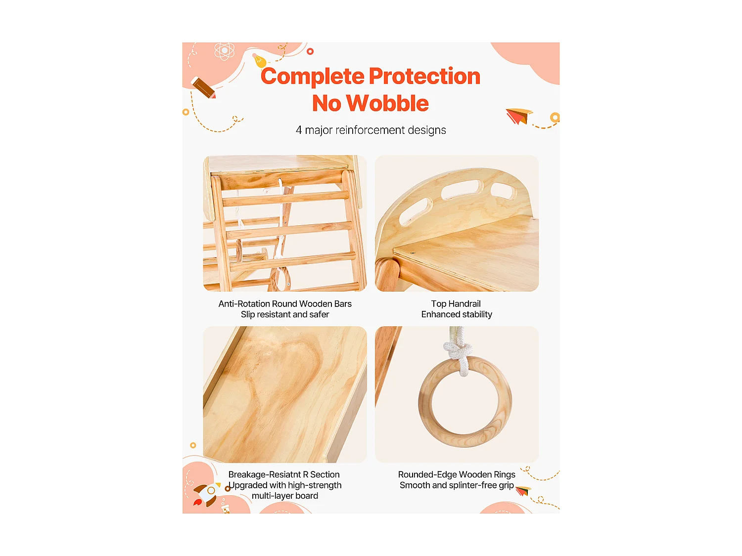 Parque Infantil Interior SucceBuy de Madeira 4-em-1, com Parede de Escalada, Escorregador, Escada de Madeira e Anéis de Ginástica, Estrutura de Brinquedo