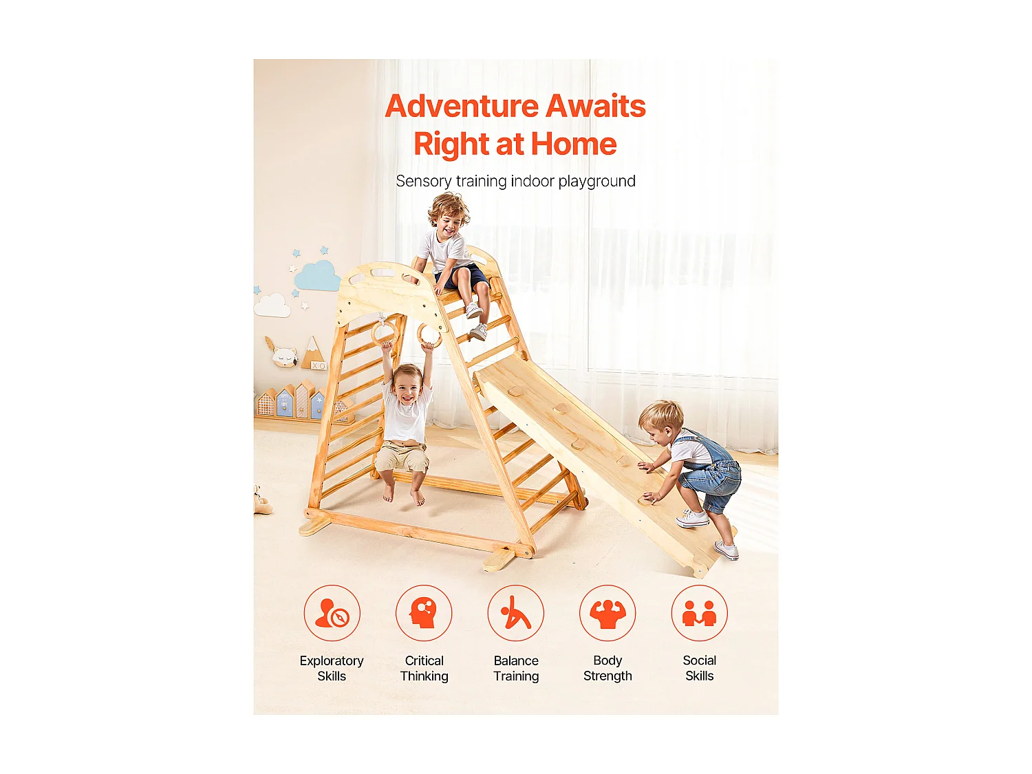 Parque Infantil Interior SucceBuy de Madeira 4-em-1, com Parede de Escalada, Escorregador, Escada de Madeira e Anéis de Ginástica, Estrutura de Brinquedo