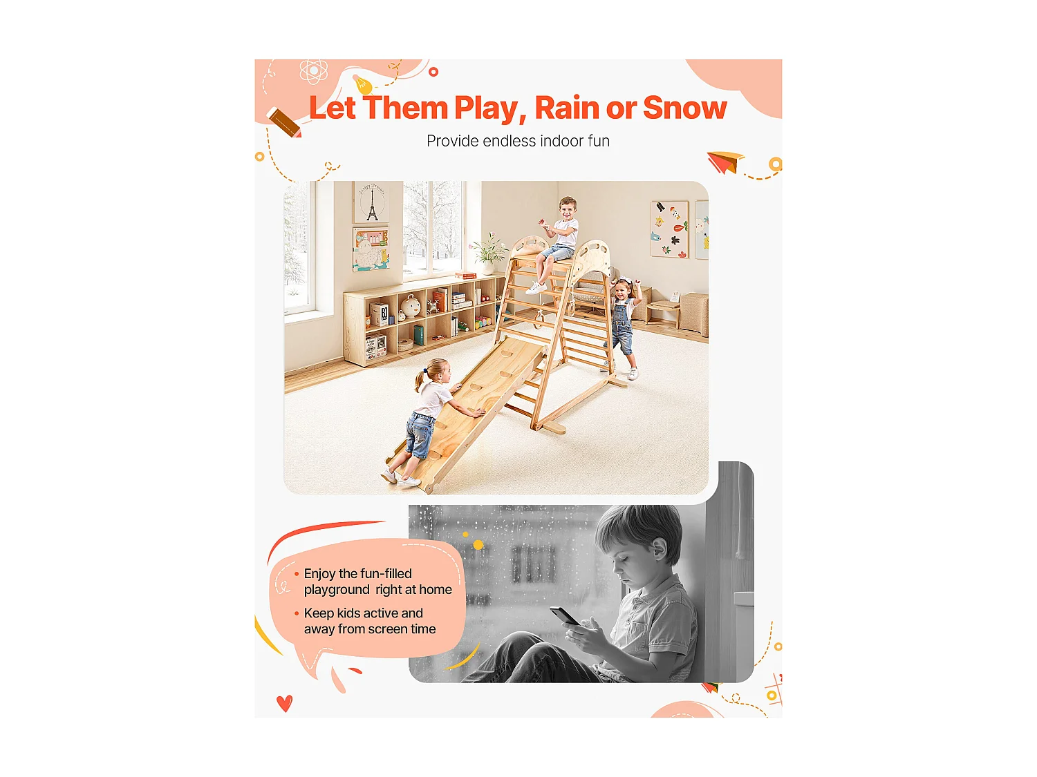 Parque Infantil Interior SucceBuy de Madeira 4-em-1, com Parede de Escalada, Escorregador, Escada de Madeira e Anéis de Ginástica, Estrutura de Brinquedo