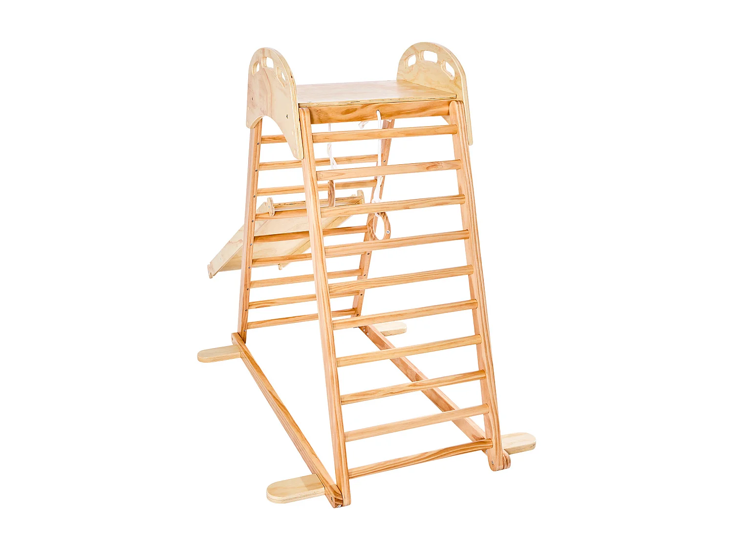 Parque Infantil Interior SucceBuy de Madeira 4-em-1, com Parede de Escalada, Escorregador, Escada de Madeira e Anéis de Ginástica, Estrutura de Brinquedo