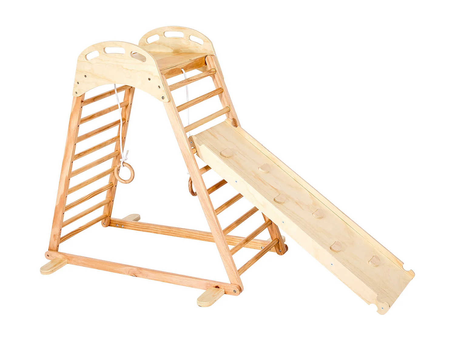 Parque Infantil Interior SucceBuy de Madeira 4-em-1, com Parede de Escalada, Escorregador, Escada de Madeira e Anéis de Ginástica, Estrutura de Brinquedo