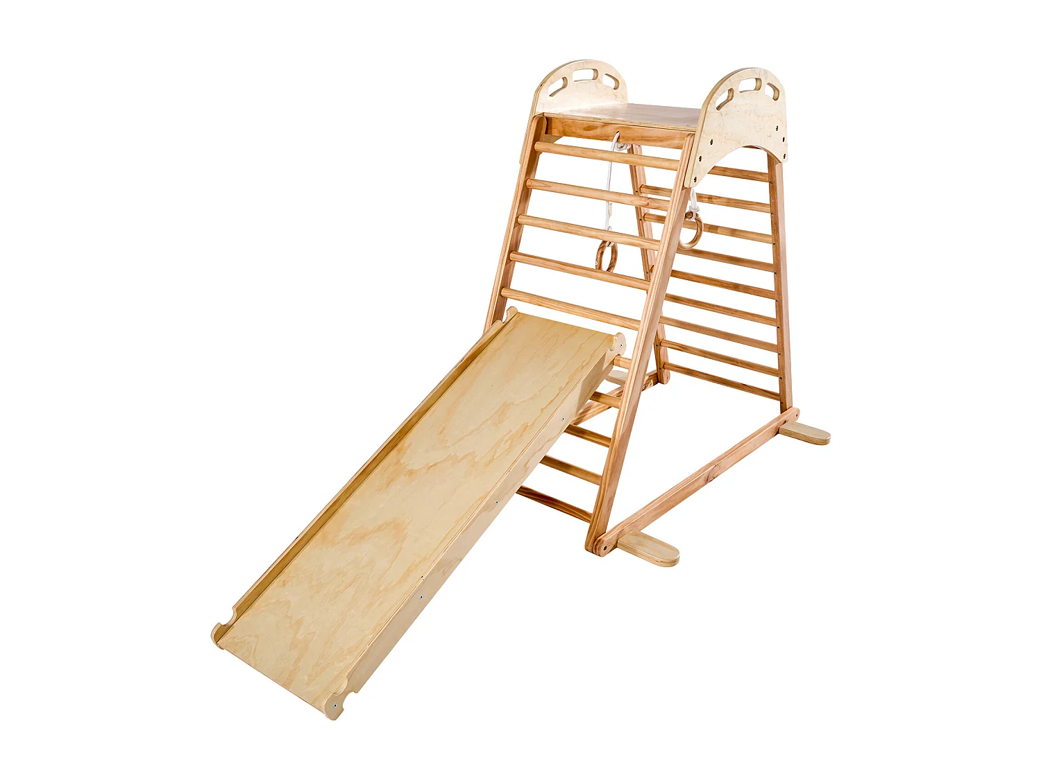 Parque Infantil Interior SucceBuy de Madeira 4-em-1, com Parede de Escalada, Escorregador, Escada de Madeira e Anéis de Ginástica, Estrutura de Brinquedo