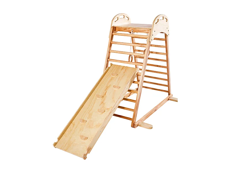 Parque Infantil Interior SucceBuy de Madeira 4-em-1, com Parede de Escalada, Escorregador, Escada de Madeira e Anéis de Ginástica, Estrutura de Brinquedo