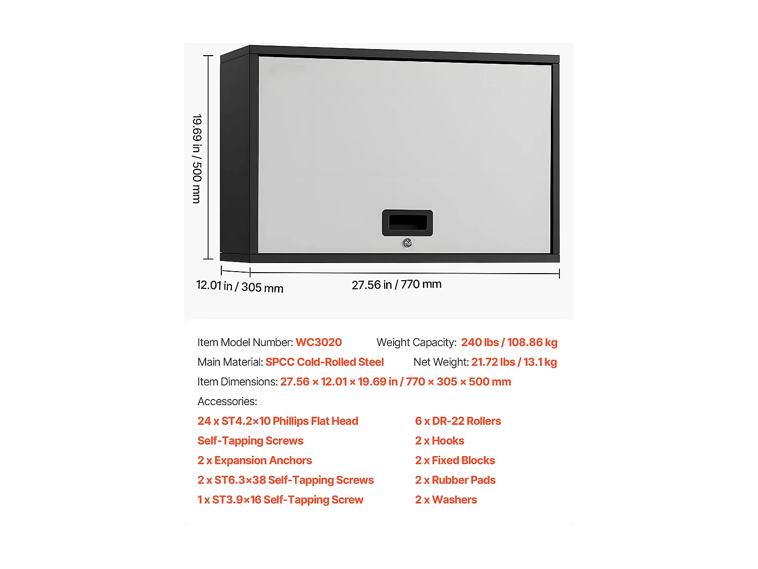 Wandschrank Werkstatt SucceBuy, 77 x 30,5 x 50 cm, Werkzeugschrank Garage Hängend Metall, Wandlagerung, mit Klapptür, Tragfähigkeit 108,86 kg