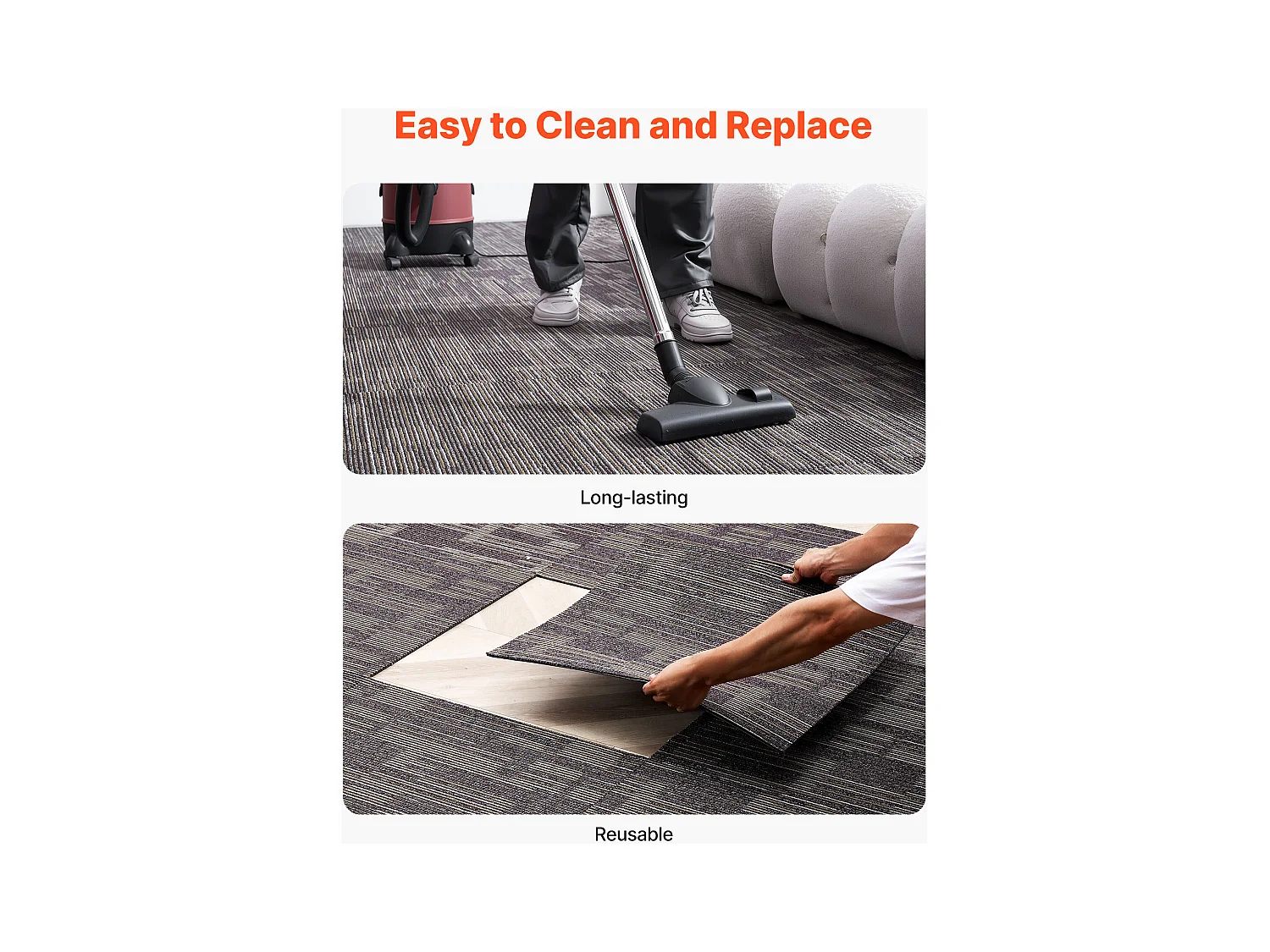 Dalle de Moquette Réutilisable SucceBuy, 61 x 61 cm, Lot de 24, Couverture 8,9 ㎡, Épaisseur 6 mm, à Poils Ras, Revêtement de Sol Doux Modulaire Carré