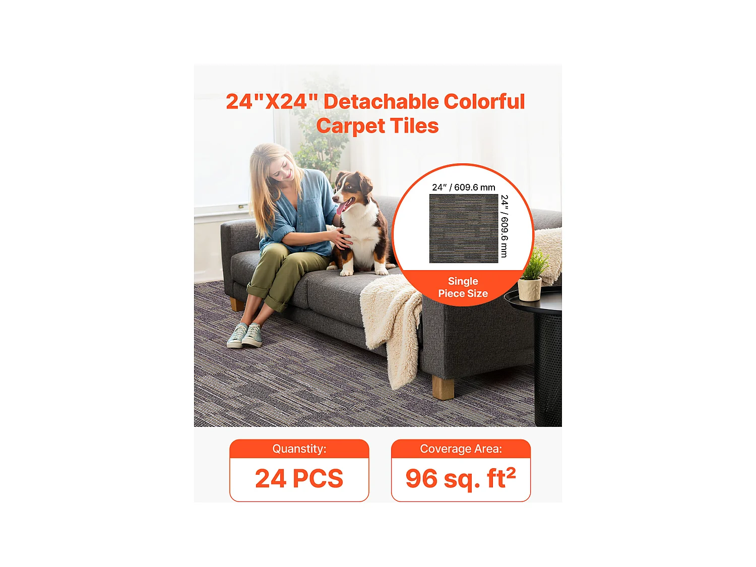 Baldosa de Alfombra Reutilizable SucceBuy, 61 x 61 cm, Lote de 24, Cobertura 8,9 ㎡, Espesor 6 mm, de Pelo Corto, Revestimiento de Suelo Suave Modular Cuadrado