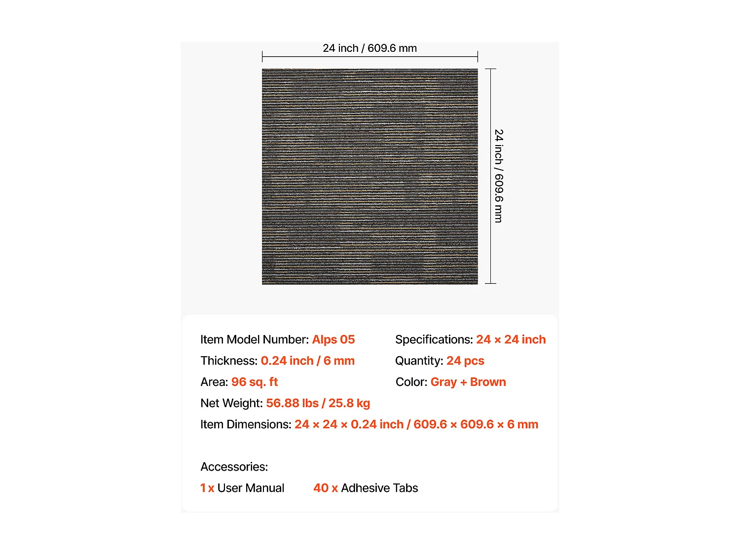Dalle de Moquette Réutilisable SucceBuy, 61 x 61 cm, Lot de 24, Couverture 8,9 ㎡, Épaisseur 6 mm, à Poils Ras, Revêtement de Sol Doux Modulaire Carré