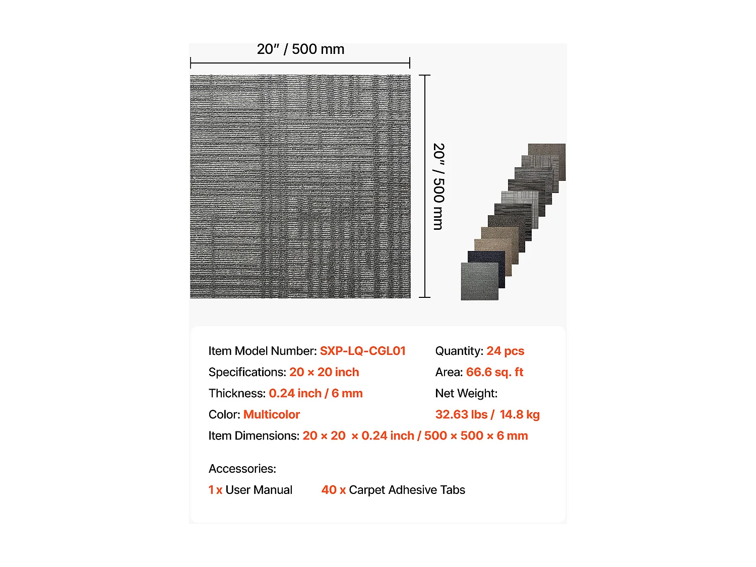 Piastrella di Moquette Riutilizzabile SucceBuy, 50 x 50 cm, Lotto di 24, Copertura 6 ㎡, Spessore 6 mm, Rivestimento del Pavimento Morbido Modulare Quadrato