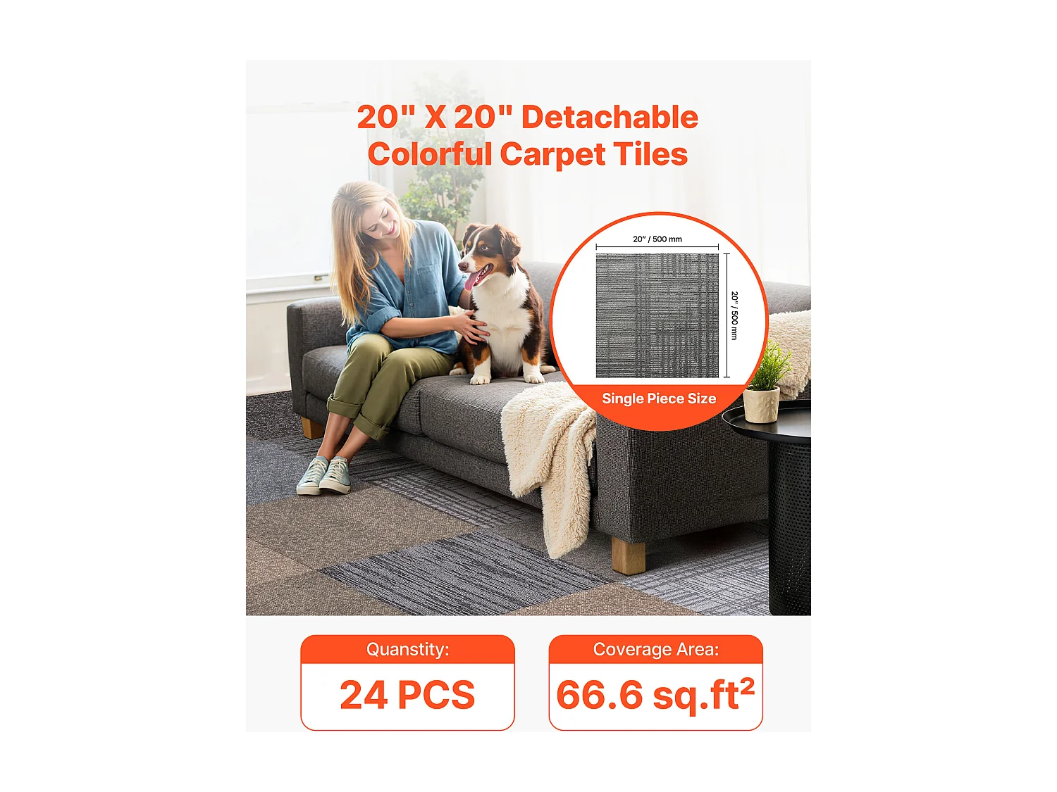 Piastrella di Moquette Riutilizzabile SucceBuy, 50 x 50 cm, Lotto di 24, Copertura 6 ㎡, Spessore 6 mm, Rivestimento del Pavimento Morbido Modulare Quadrato