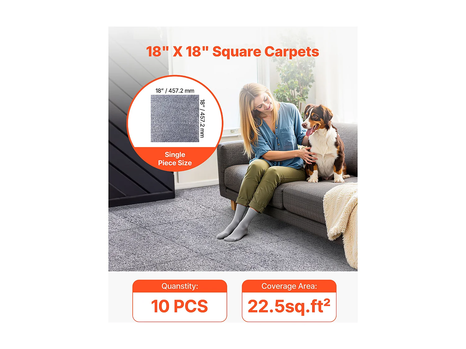 Dalle de Moquette Autocollante SucceBuy, 45,7 x 45,7 cm, Lot de 10, Couverture 2 ㎡, Épaisseur 12 mm, à Poils Ras, Revêtement de Sol Doux Modulaire Carré