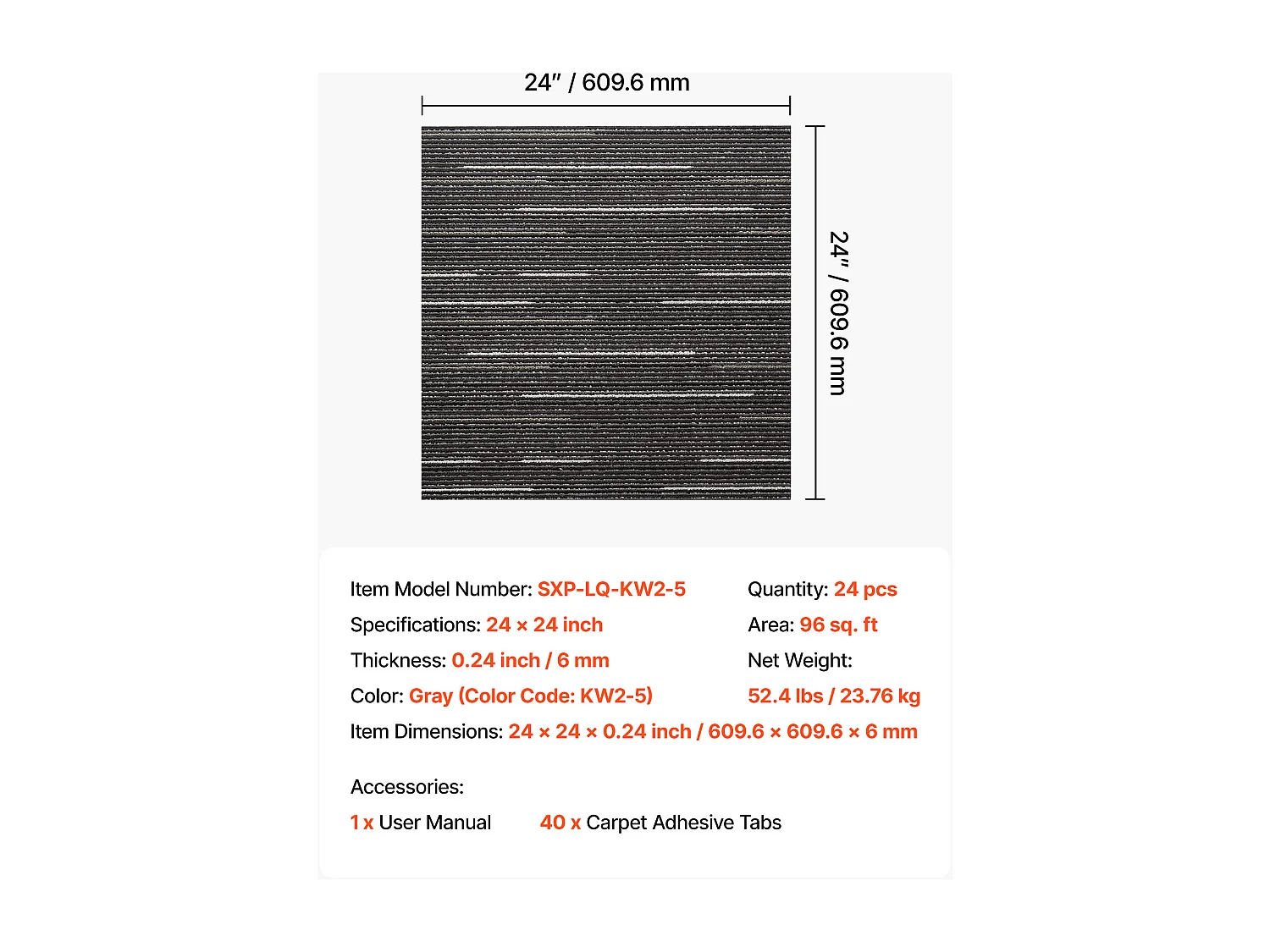 Dalle de Moquette Réutilisable SucceBuy, 61x61 cm, Lot de 24, Couverture 8,9 ㎡, Épaisseur 6 mm, à Poils Ras, Revêtement de Sol Doux Modulaire Carré pour Salon