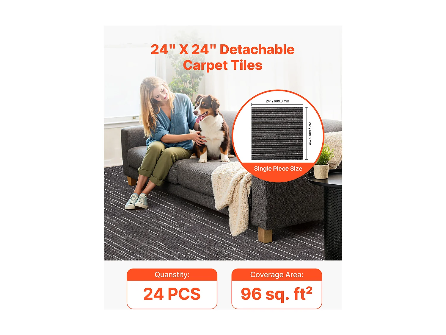 Dalle de Moquette Réutilisable SucceBuy, 61x61 cm, Lot de 24, Couverture 8,9 ㎡, Épaisseur 6 mm, à Poils Ras, Revêtement de Sol Doux Modulaire Carré pour Salon