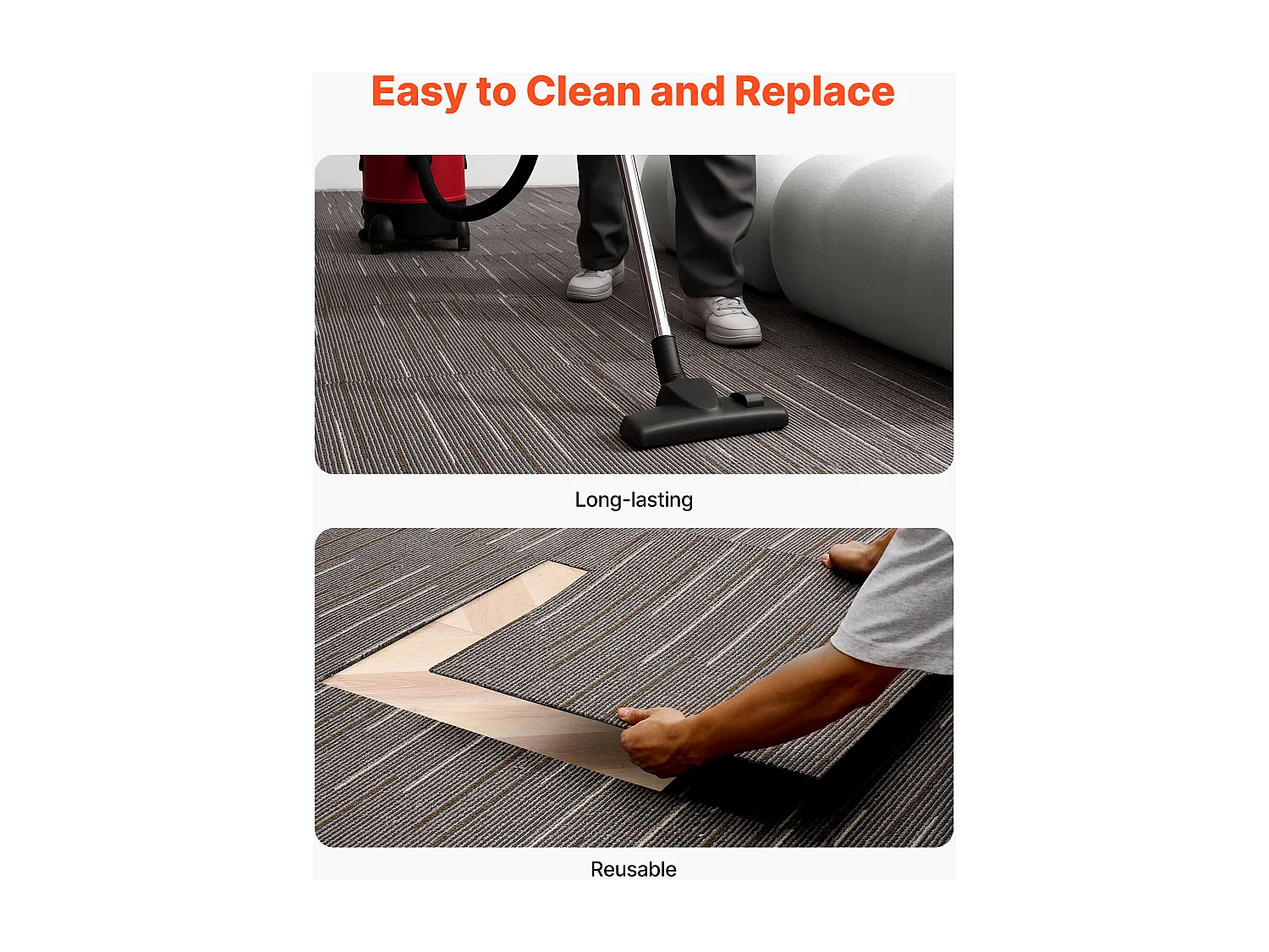 Dalle de Moquette Réutilisable SucceBuy, 61 x 61 cm, Lot de 24, Couverture 8,9 ㎡, Épaisseur 6 mm, à Poils Ras, Revêtement de Sol Doux Modulaire et Carré, Marron