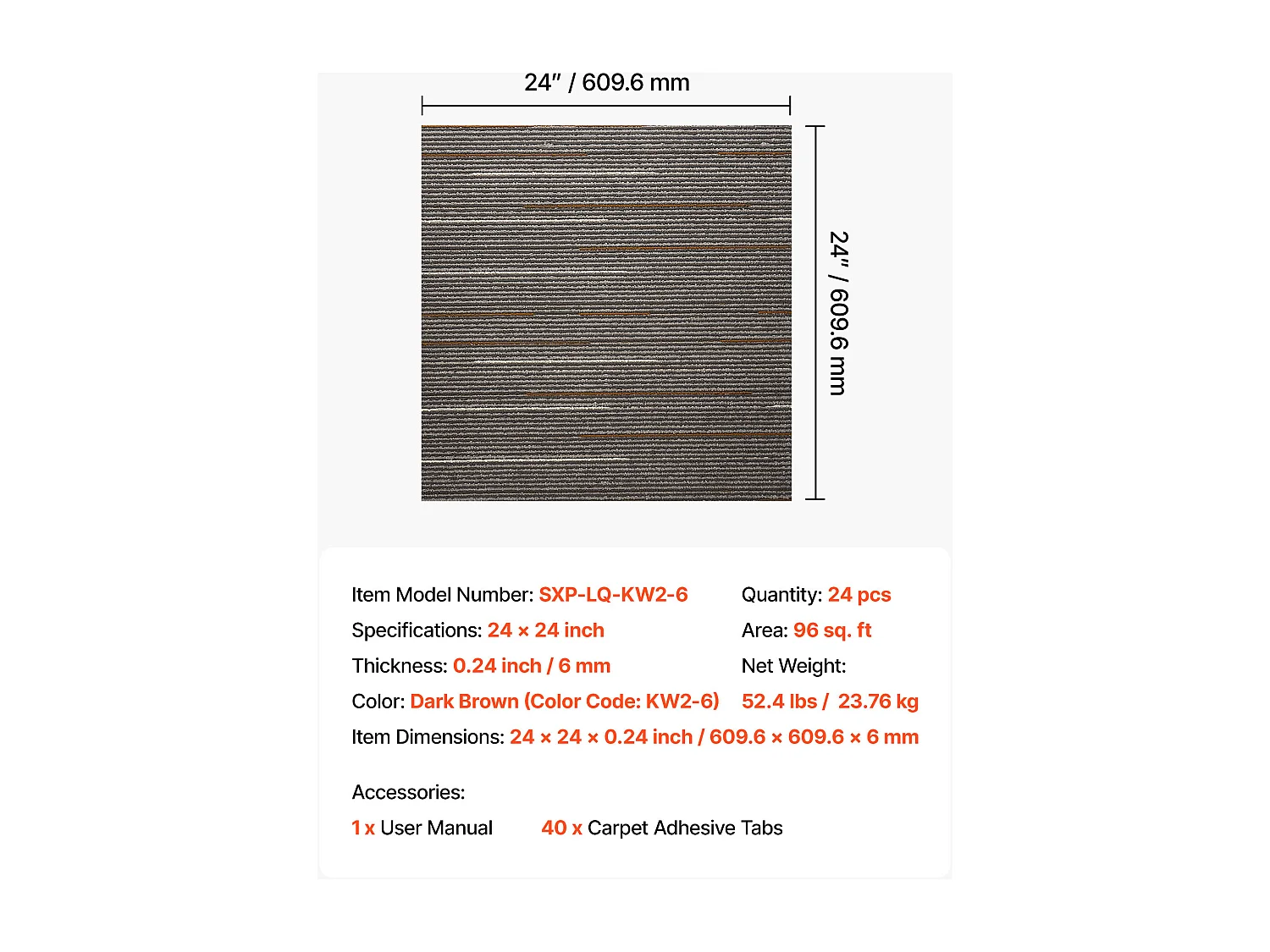 Dalle de Moquette Réutilisable SucceBuy, 61 x 61 cm, Lot de 24, Couverture 8,9 ㎡, Épaisseur 6 mm, à Poils Ras, Revêtement de Sol Doux Modulaire et Carré, Marron