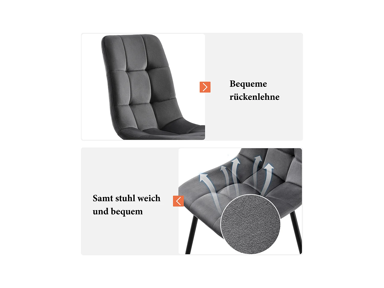 Lot de 4 chaises de salle à manger modernes rembourrées avec dossier, chaise de cuisine, chaise de salon, assise en velours, pour bureau, chambre à coucher, gris
