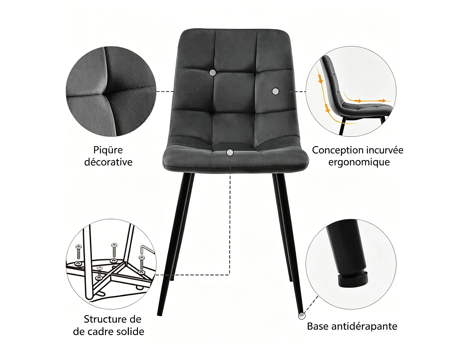 Lot de 4 chaises de salle à manger - modernes rembourrées avec dossier - velours - pour salle à manger,salon - gris