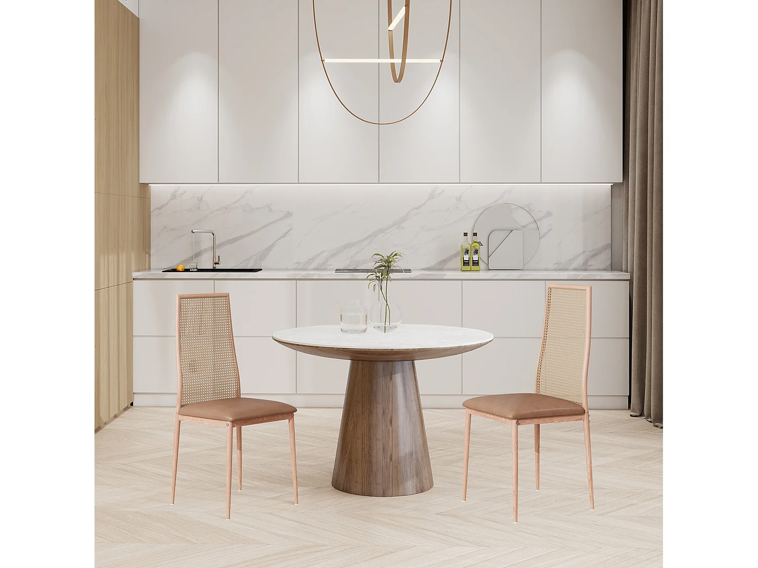 Chaises de Salle à Manger - Lot de 2 Chaise Rembourrée avec Dossier Haut Rotin et Pieds Métal - Modernes Chaises d'appoint pour Cuisine Salon Café - Beige