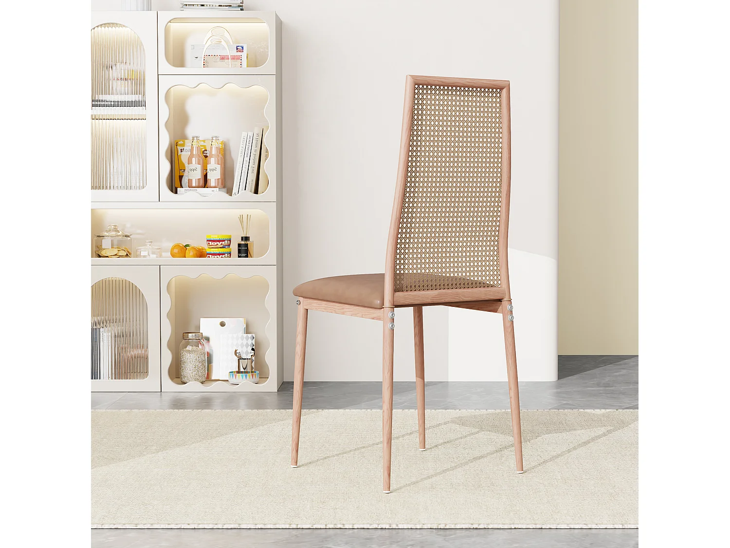Chaises de Salle à Manger - Lot de 2 Chaise Rembourrée avec Dossier Haut Rotin et Pieds Métal - Modernes Chaises d'appoint pour Cuisine Salon Café - Beige