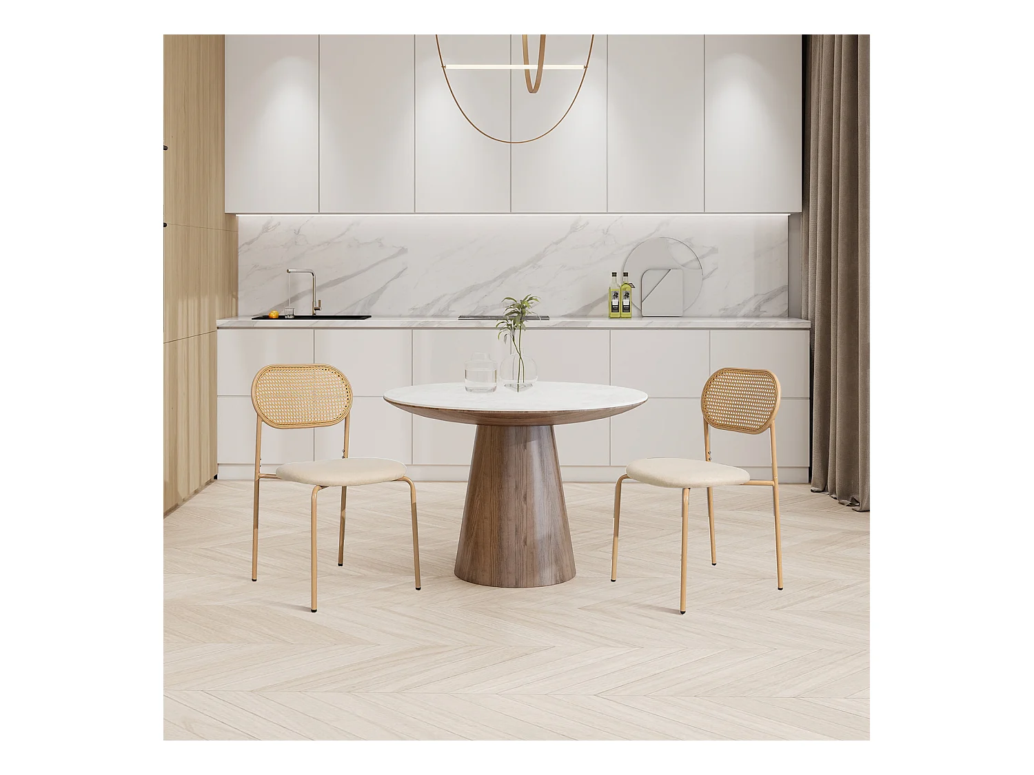 Lot de 2 Chaises de Salle à Manger,Modernes Chaise de Cuisine avec Dossier en Rotin et Pieds en Métal pour Salle à Manger, Salon, Beige (Beige, 2 PCS)