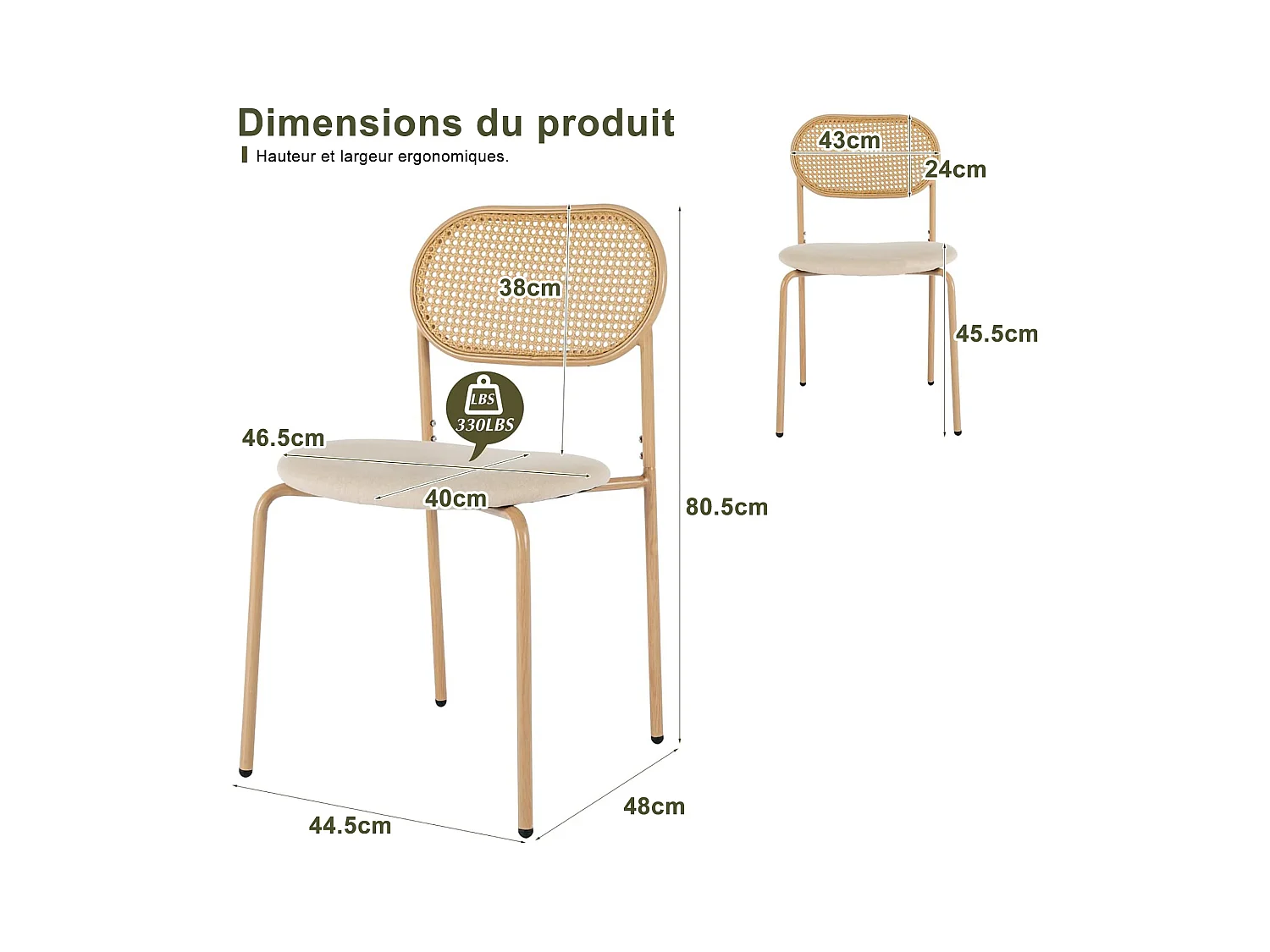 Lot de 2 Chaises de Salle à Manger,Modernes Chaise de Cuisine avec Dossier en Rotin et Pieds en Métal pour Salle à Manger, Salon, Beige (Beige, 2 PCS)
