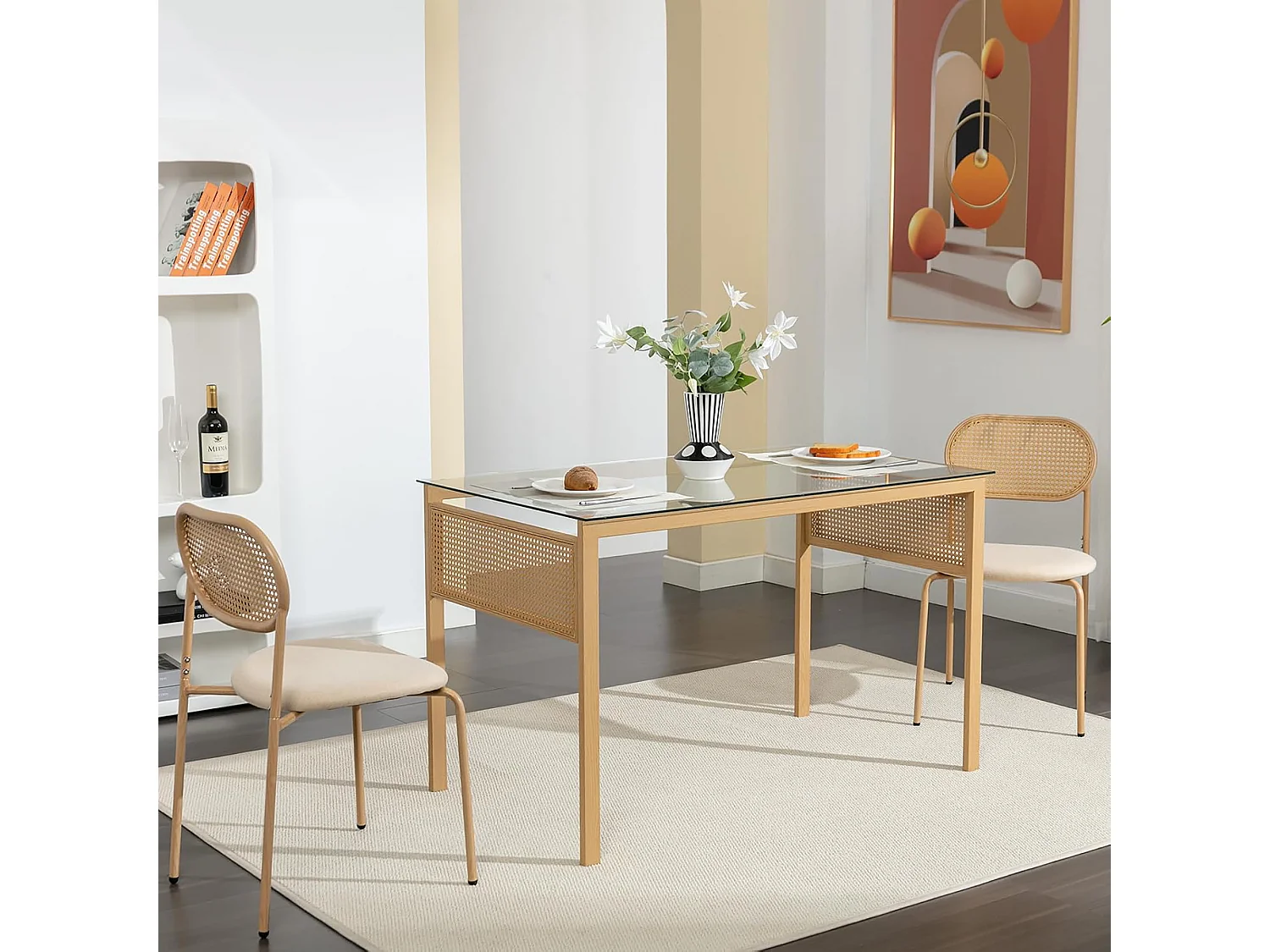 Lot de 2 Chaises de Salle à Manger - avec Dossier en Rotin et Pieds en Métal - Modernes - pour Salle à Manger,Salon - Beige