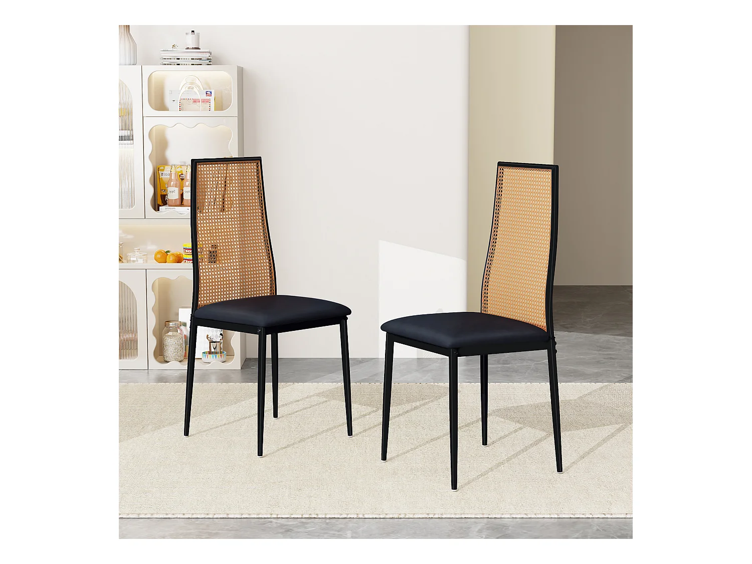 Chaises de Salle à Manger, Lot de 2 Chaise Rembourrée avec Dossier Haut Rotin et Pieds Métal,Modernes Chaises d'appoint pour Cuisine Salon Café -Noir