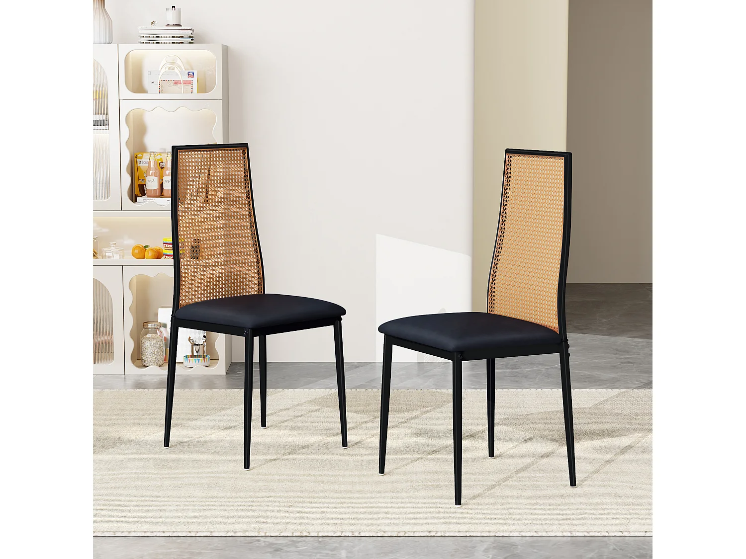 Chaises de Salle à Manger - Lot de 2 Chaise Rembourrée avec Dossier Haut Rotin et Pieds Métal - Modernes Chaises d'appoint pour Cuisine Salon Café - Noir
