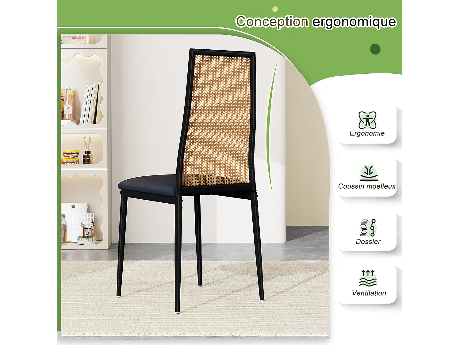 Chaises de Salle à Manger - Lot de 2 Chaise Rembourrée avec Dossier Haut Rotin et Pieds Métal - Modernes Chaises d'appoint pour Cuisine Salon Café - Noir