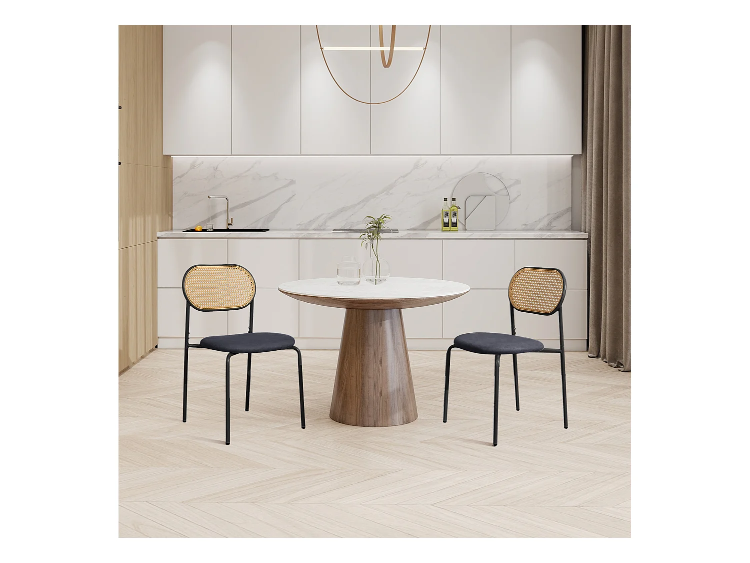 Lot de 2 Chaises de Salle à Manger,Modernes Chaise de Cuisine avec Dossier en Rotin et Pieds en Métal pour Salle à Manger, Salon, Noir (Noir, 2 PCS)