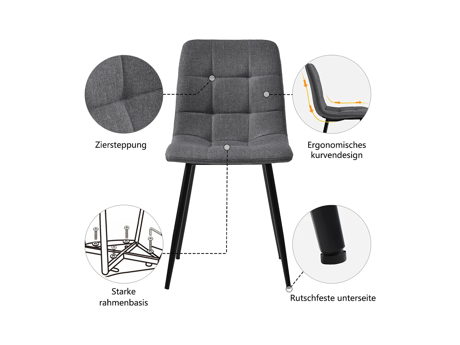 Lot de 4 chaises de salle à manger modernes rembourrées avec dossier, chaise de cuisine, chaise de salon, assise en lin, pour bureau, chambre à coucher, Gris foncé