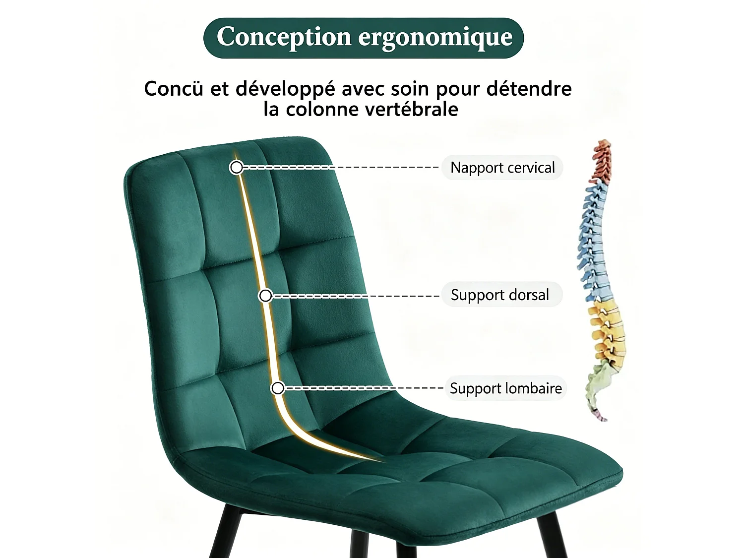 Lot de 4 chaises de salle à manger modernes rembourrées avec dossier - velours - vert - Pour cuisine,salon