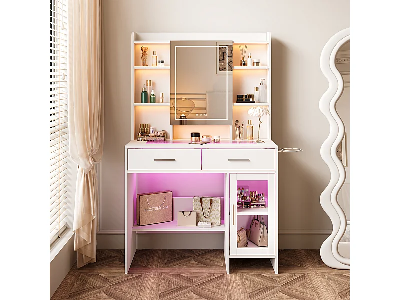 Coiffeuse avec Miroir LED, 3 Couleurs avec Luminosité Réglable, Bureau Coiffeuse Blanche avec Rangement, Etagères Ouvertes et Tiroirs, Prise Électrique