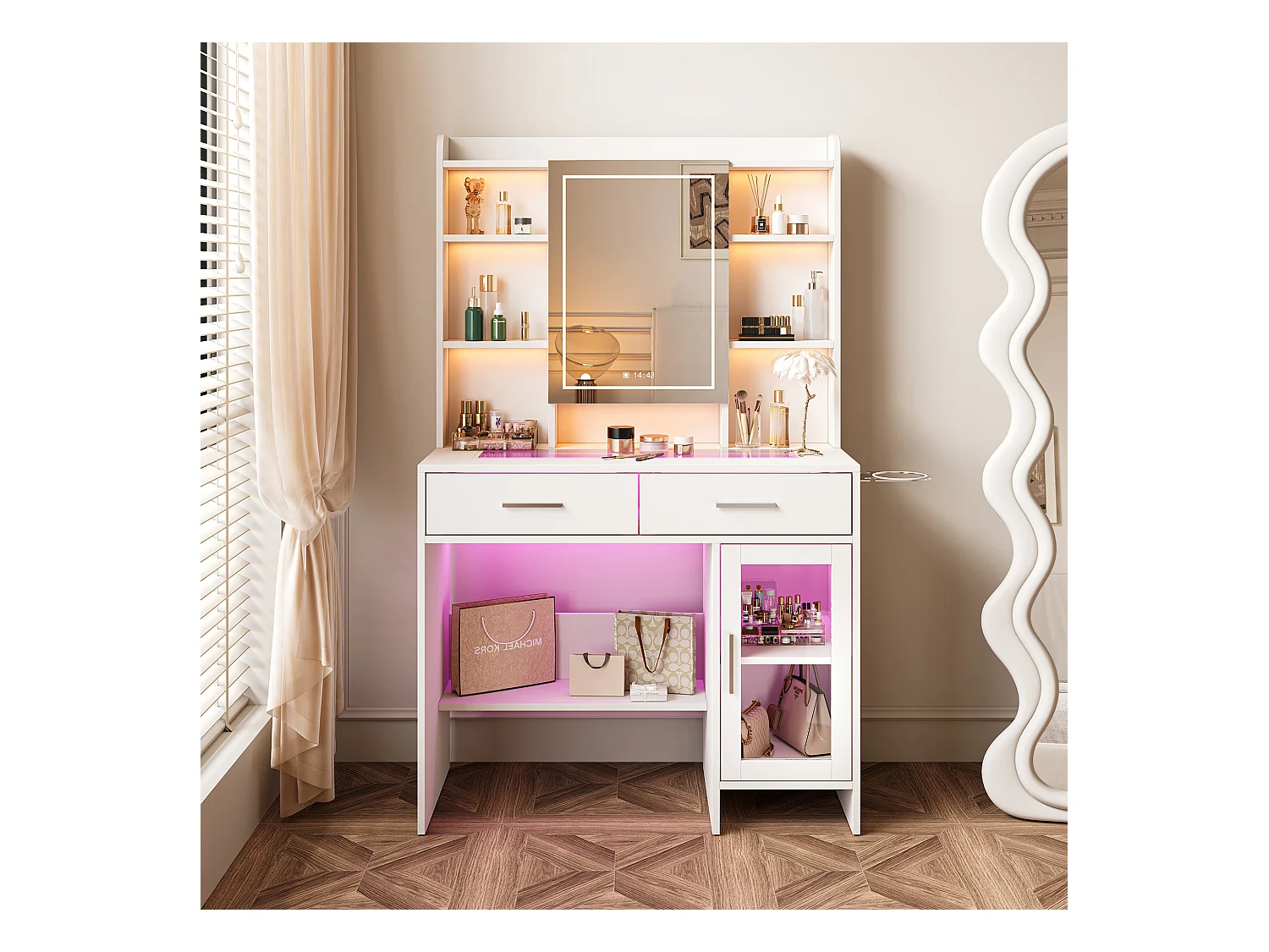 Coiffeuse avec Miroir LED, 3 Couleurs avec Luminosité Réglable, Bureau Coiffeuse Blanche avec Rangement, Etagères Ouvertes et Tiroirs, Prise Électrique