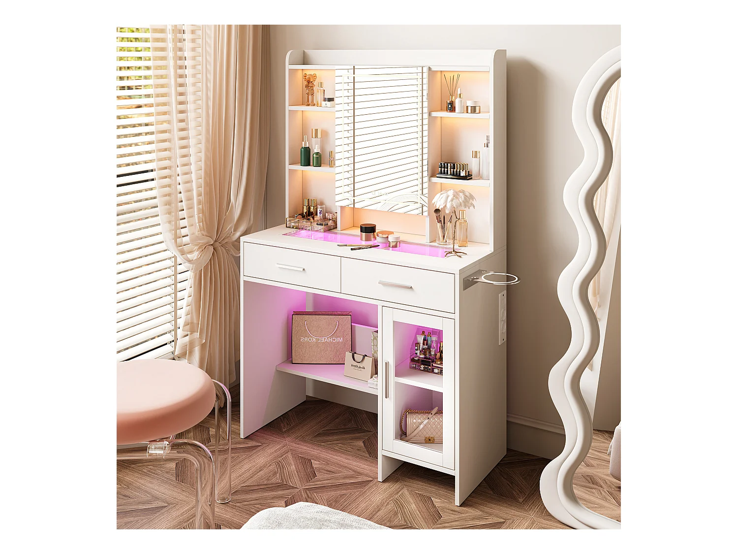 Coiffeuse avec Miroir LED, 3 Couleurs avec Luminosité Réglable, Bureau Coiffeuse Blanche avec Rangement, Etagères Ouvertes et Tiroirs, Prise Électrique