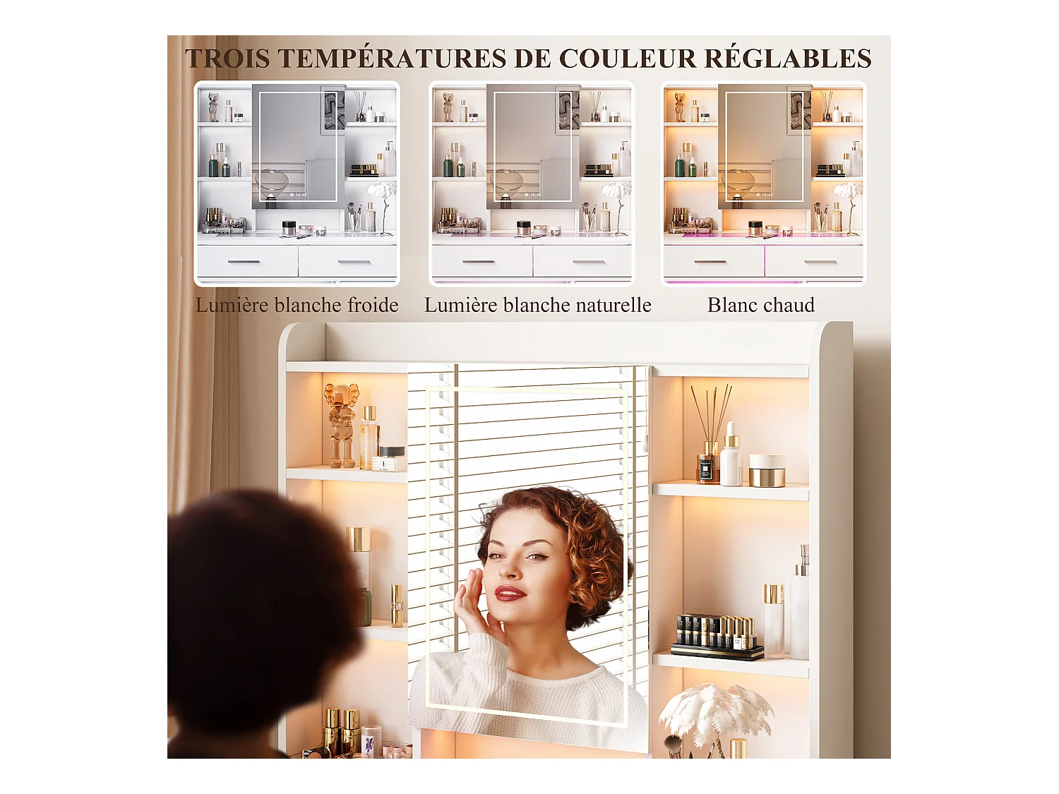 Coiffeuse avec Miroir LED, 3 Couleurs avec Luminosité Réglable, Bureau Coiffeuse Blanche avec Rangement, Etagères Ouvertes et Tiroirs, Prise Électrique